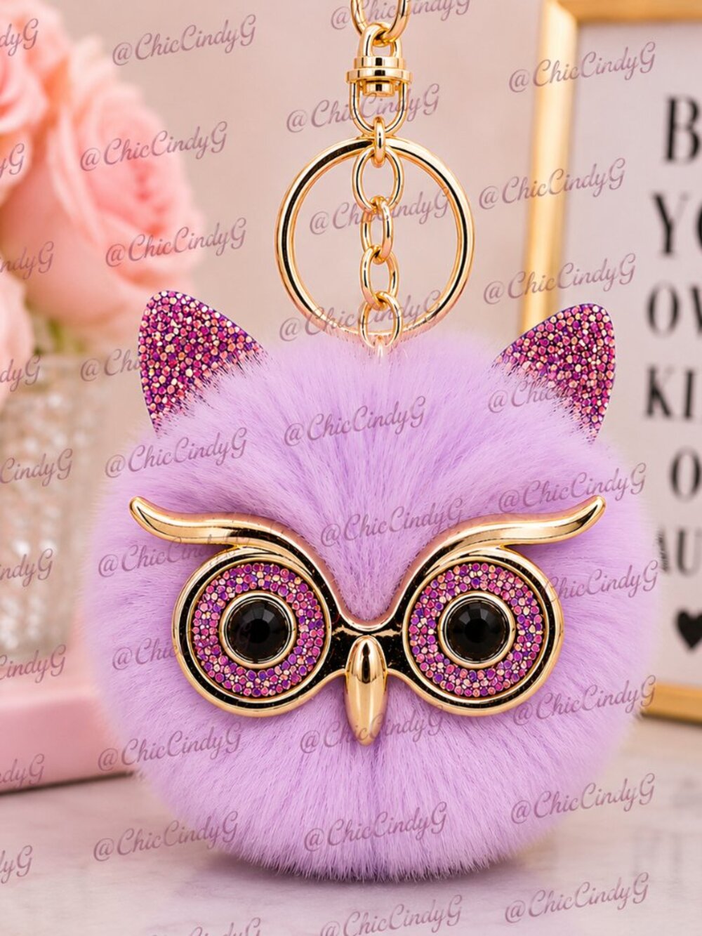 Fluffy Pom Pom Owl with Glasses Keychain or Handbag Charm Purple🦉 - Picture 1 of 4